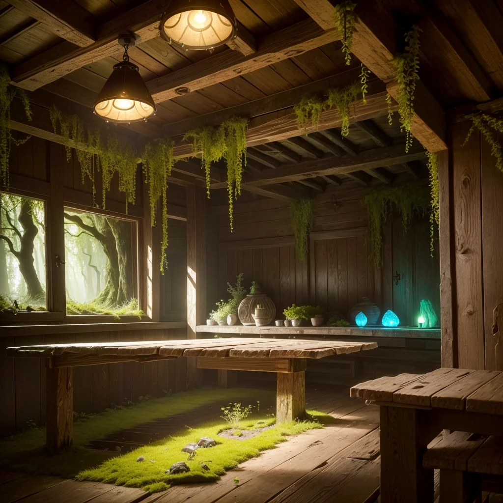 Bioluminescent Mushroom on a wooden table covered with moss and ivy in an old wooden house,whimsically,Beautiful weathered wood beams and floors,Magical atmosphere,evoke a sense of nostalgia and wonder。(best quality,highres,masterpiece:1.2),ultra-detailed,(realistic:1.37).