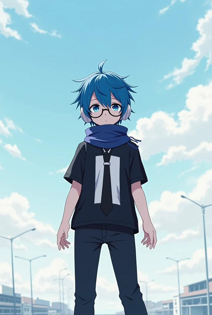 Blue hair,black tshirt in middle part white,white big headphone,black shoes,black pant,anime,2,boy,blue eye,100 feet,black tie,clayn colour maflar,black circle eye glass