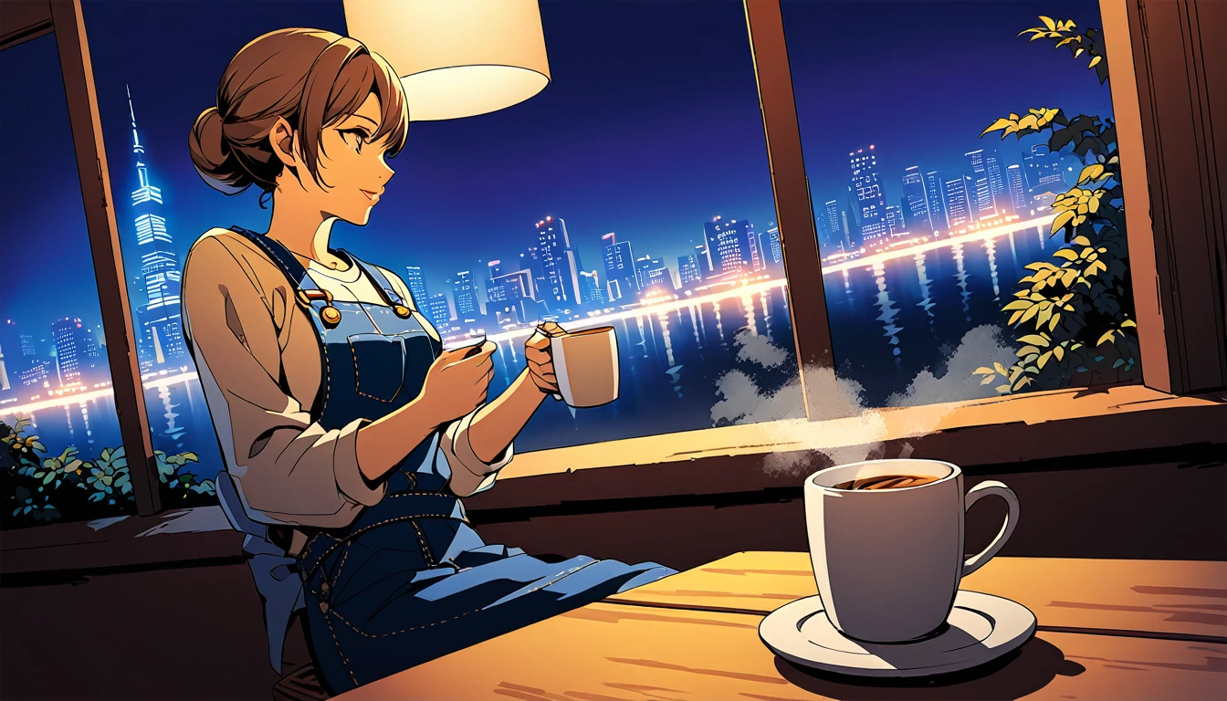 An anime-style illustration captures a serene moment of coffee time. The scene features a single white coffee cup placed on a wooden table, with steam rising from the hot coffee, indicating its warmth. The background is a window overlooking a nighttime cityscape, with the vibrant city lights creating a dynamic yet peaceful atmosphere. The focus is on the coffee cup, highlighting its simplicity and the comforting ambiance it brings. The overall mood of the illustration reflects a quiet and relaxing coffee break, perfect for unwinding while enjoying the view of the city at night.