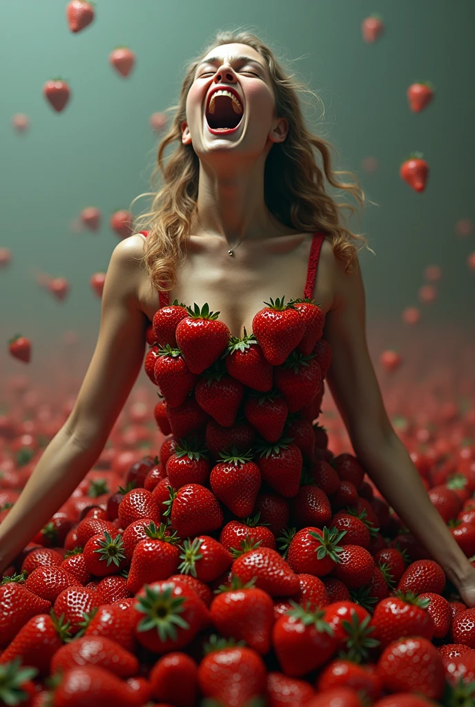A woman wearing a dress made of strawberries,is screaming