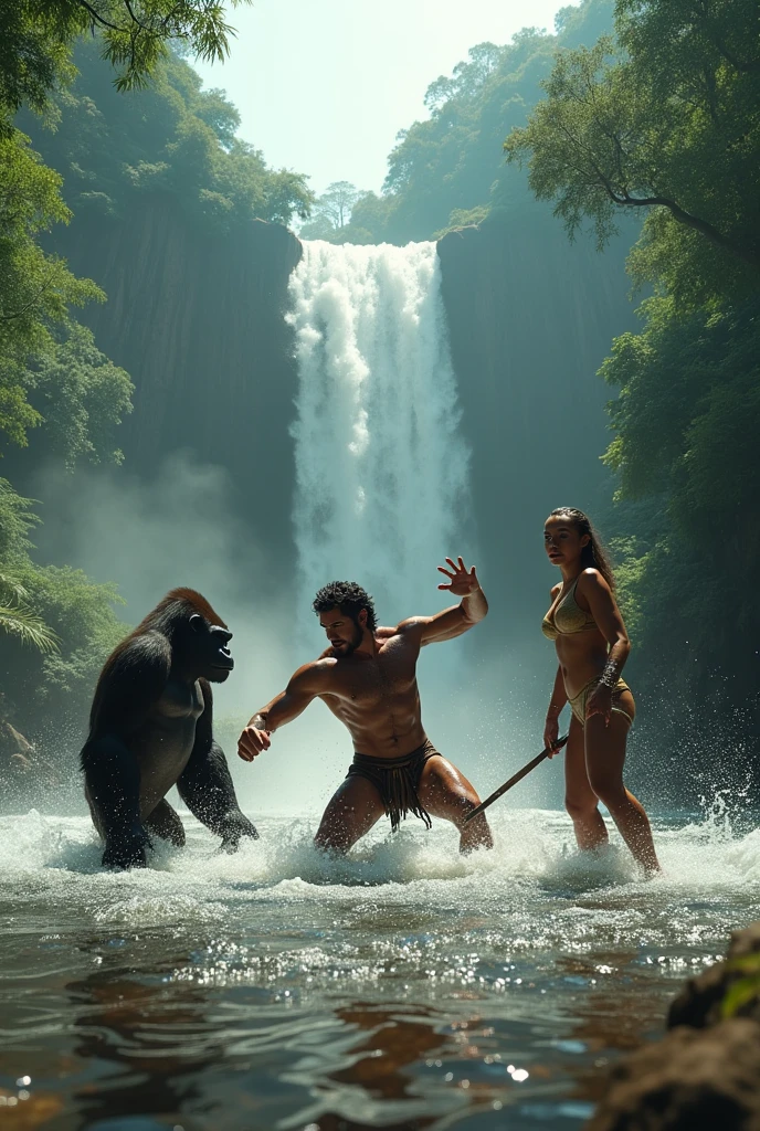 A highly realistic panoramic sunlight image of Tarzan fighting with an gorilla in the water. Jane looks on anxiously with a spear in her hand to come to the rescue., Both are half-naked dressed in the short loincloth of a primeval man, both standing dripping with water in the crashing waters of a very high waterfall half surrounded by big jungle trees in 70000000 BC, HD photography, ultra-realistic, King Tut, 4k, hyper-realistic, sharp texture, color.Her face with glistening water droplets is illuminated by the sun. She stands upright in the running water of the river, a perfect face model, Arabella mist-splitter, perfect face), beautiful lips:5 stylish, beautiful female face, attractive female face!!!, beautiful feminine face, beautiful makeup, perfect face! all wet on a rainy night, scared look, eerie, creepy, dark ambient, cinematic lights, ultra sharp focus, bird's eye view, high view, looking at the camera, raindrops.
