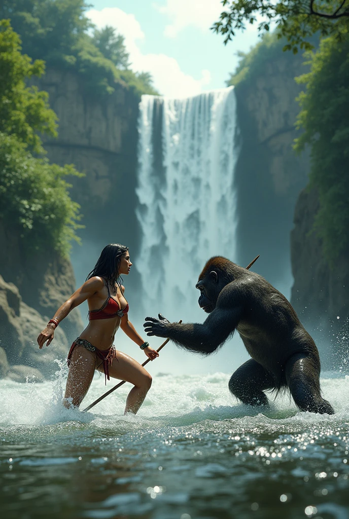 A highly realistic panoramic sunlight image of Tarzan fighting with an gorilla in the water. Jane looks on anxiously with a spear in her hand to come to the rescue., Both are half-naked dressed in the short loincloth of a primeval man, both standing dripping with water in the crashing waters of a very high waterfall half surrounded by big jungle trees in 70000000 BC, HD photography, ultra-realistic, King Tut, 4k, hyper-realistic, sharp texture, color.Her face with glistening water droplets is illuminated by the sun. She stands upright in the running water of the river, a perfect face model, Arabella mist-splitter, perfect face), beautiful lips:5 stylish, beautiful female face, attractive female face!!!, beautiful feminine face, beautiful makeup, perfect face! all wet on a rainy night, scared look, eerie, creepy, dark ambient, cinematic lights, ultra sharp focus, bird's eye view, high view, looking at the camera, raindrops.