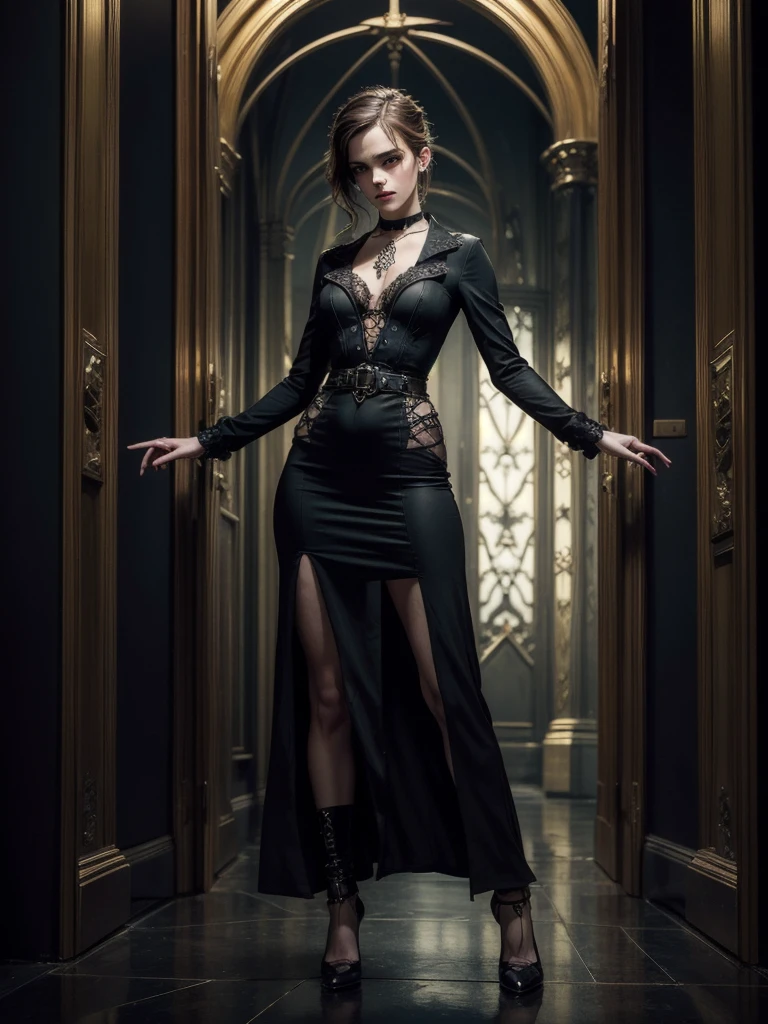 masterpiece, best quality, masterpiece, best quality, full body shot, gothic background, Create a striking art piece featuring an edgy Emma Watson villain, adorned in a dark and stylish ensemble, with sharp features, intense eyes, and a commanding posture, exuding an aura of malevolence and mystery that captivates and intimidates viewers, phenomenal aesthetic, sumptuous artwork,
