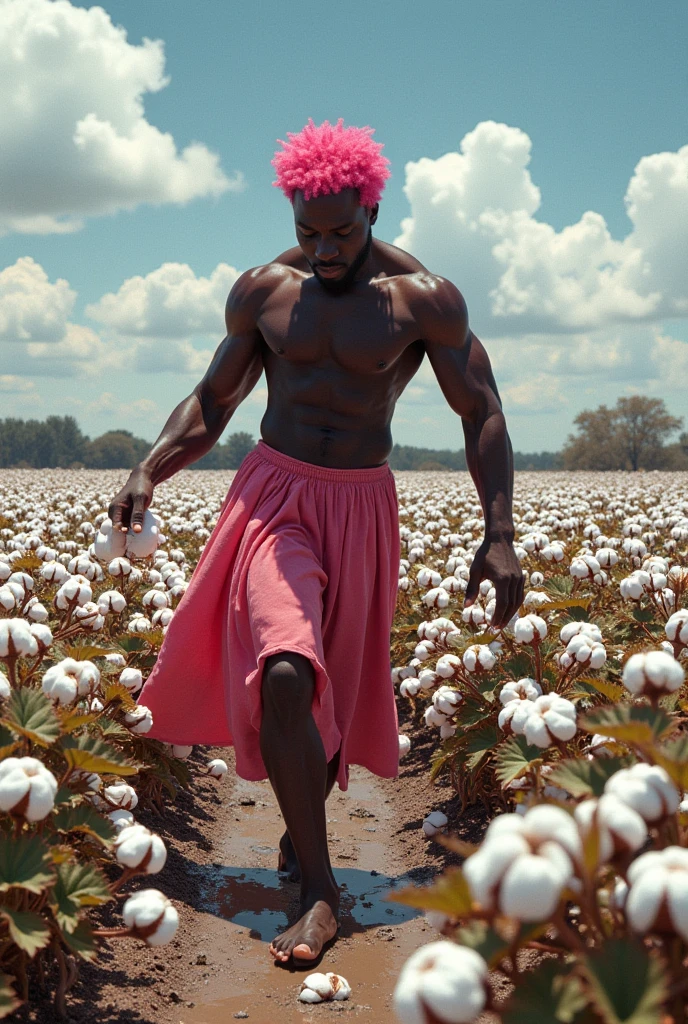 A black man with pink hair and a skirt walks to pick cotton, looking ugly.