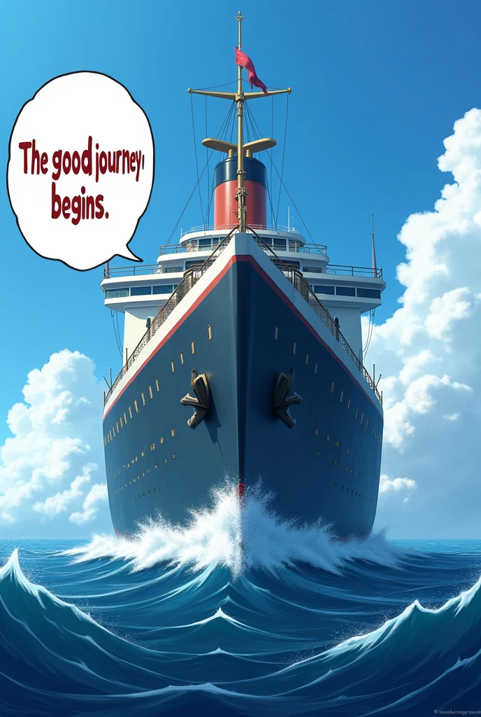 A cinematic medium shot of a large anime-style ship named "Titan". In the foreground, there is a speech bubble with the text "The Good journey begins". There is a space on the left side of the ship to add a captain's face. The background contains a vast ocean with waves.