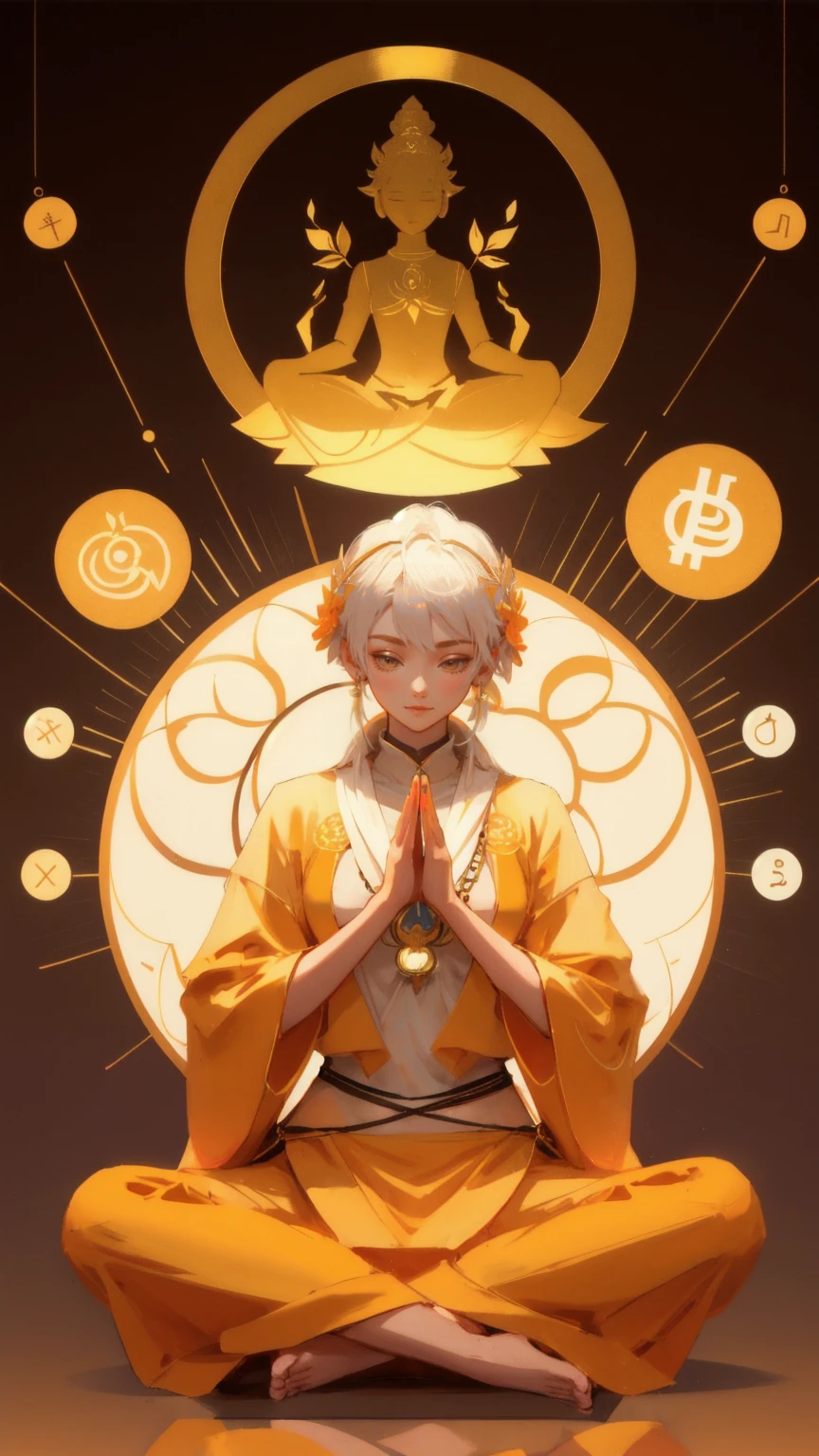 Create an image featuring a serene and focused character in a meditative pose, specifically the lotus position, with hands resting on the knees in a mudra gesture. The background is filled with symbols of decentralized finance, such as Bitcoin and Ethereum, along with charts and graphs depicting market trends. The entire scene is set against a brown background, symbolizing stability and grounding. The character embodies the balance and harmony of 'DeFi Yield Yoga,' integrating financial growth with inner peace.