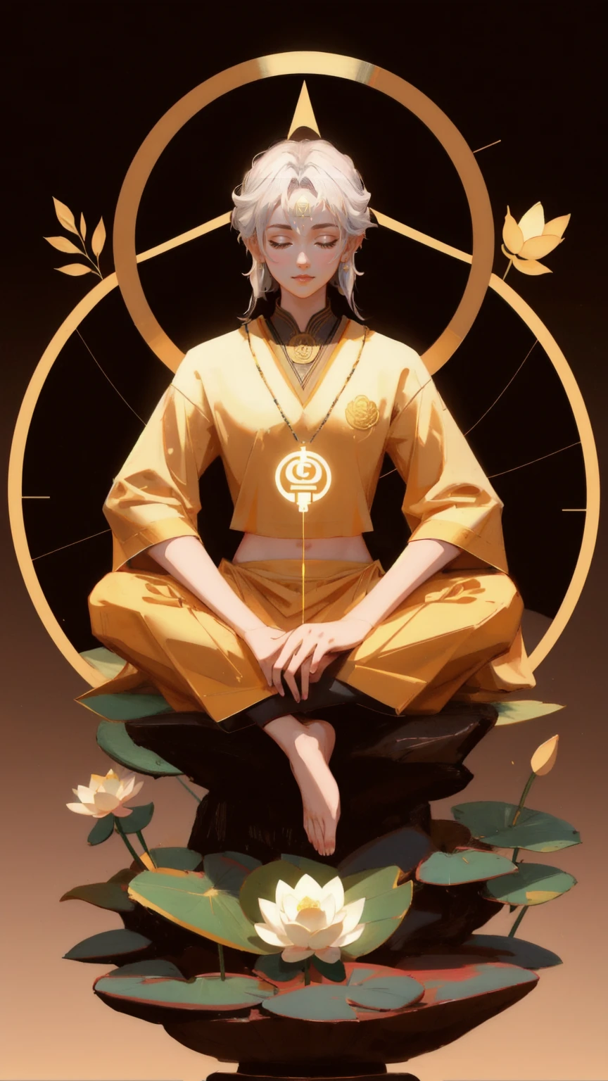 Create an image featuring a serene and focused character in a meditative pose, specifically the lotus position, with hands resting on the knees in a mudra gesture. The background is filled with symbols of decentralized finance, such as Bitcoin and Ethereum, along with charts and graphs depicting market trends. The entire scene is set against a brown background, symbolizing stability and grounding. The character embodies the balance and harmony of 'DeFi Yield Yoga,' integrating financial growth with inner peace.