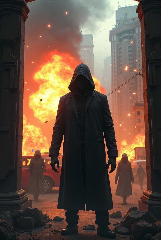 create a image I free fir character standing behind frame infort of that character full explosion & distraction & people die bombs explode cars & guns evrything explode
