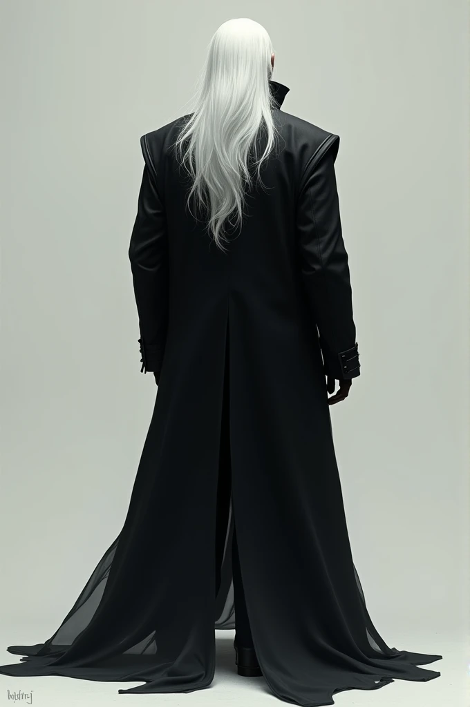A man with his back turned with long white hair wearing a black trench coat showing his full body in 2d