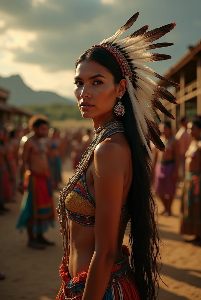 ((masterpiece)), ((best quality)), ((highres)), extremely detailed)), a beautiful 40-year-old Native American woman (Grace Kelly:Milla Jovovich:0.5), Pocahontas, full body shot, medium breasts, (super realistic), (peerless beauty), detailed skin texture, detailed cloth texture, beautiful detailed face, intricate details, ultra detailed, indigenous feather jewelry, feather headdress, traditional handmade green bra and dress, armed female hunter warrior, (((wild west))) environment, smile, in the village, ((surrounded by people)), ((dance pose)) back to the camera, ultra realistic, concept art, elegant, ((intricate)), ((highly detailed)), depth of field, ((professionally color graded)), soft ambient lighting, dusk, (Best quality, A high resolution, Photorealistic, primitive, 8K,Masterpiece), filmgrain, bokeh:1.2, Lens flare, (vivd colour:1.2)