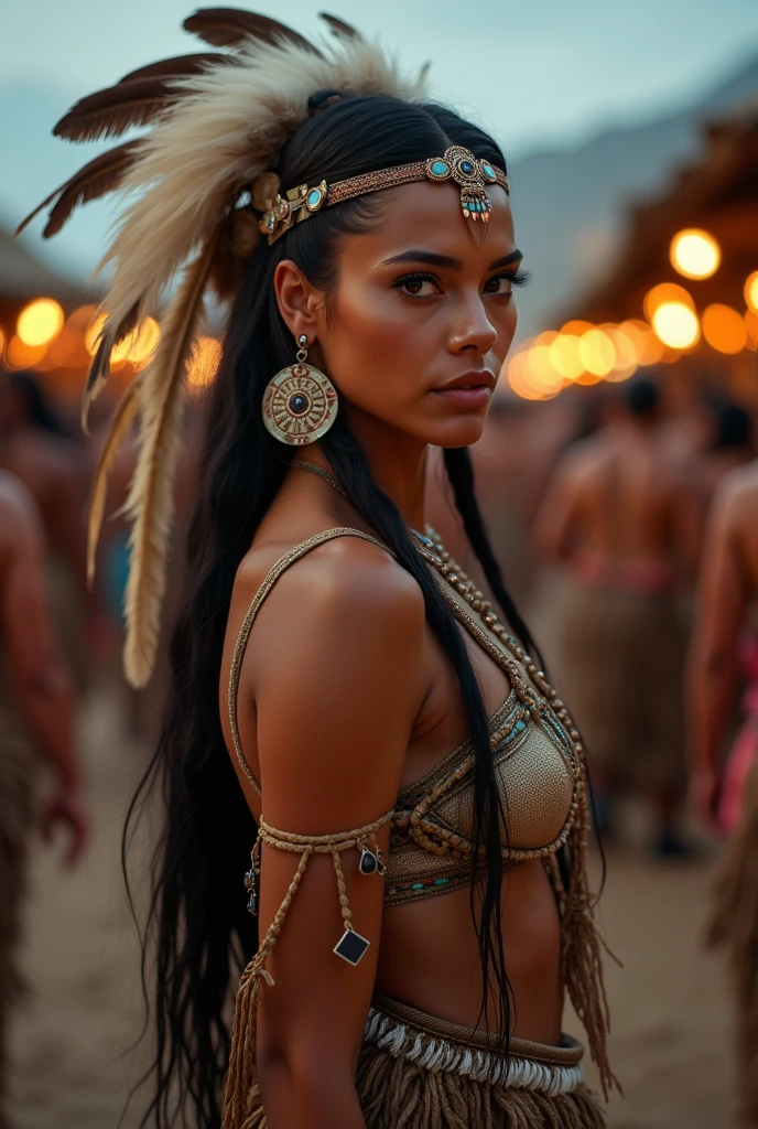 ((masterpiece)), ((best quality)), ((highres)), extremely detailed)), a beautiful 40-year-old Native American woman (Grace Kelly:Milla Jovovich:0.5), Pocahontas, full body shot, medium breasts, (super realistic), (peerless beauty), detailed skin texture, detailed cloth texture, beautiful detailed face, intricate details, ultra detailed, indigenous feather jewelry, feather headdress, traditional handmade green bra and dress, armed female hunter warrior, (((wild west))) environment, smile, in the village, ((surrounded by people)), ((dance pose)) back to the camera, ultra realistic, concept art, elegant, ((intricate)), ((highly detailed)), depth of field, ((professionally color graded)), soft ambient lighting, dusk, (Best quality, A high resolution, Photorealistic, primitive, 8K,Masterpiece), filmgrain, bokeh:1.2, Lens flare, (vivd colour:1.2)