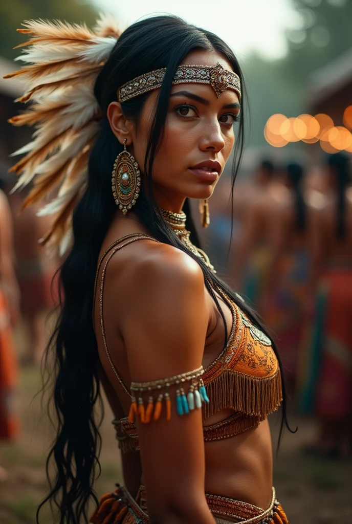 ((masterpiece)), ((best quality)), ((highres)), extremely detailed)), a beautiful 40-year-old Native American woman (Grace Kelly:Milla Jovovich:0.5), Pocahontas, full body shot, medium breasts, (super realistic), (peerless beauty), detailed skin texture, detailed cloth texture, beautiful detailed face, intricate details, ultra detailed, indigenous feather jewelry, feather headdress, traditional handmade green bra and dress, armed female hunter warrior, (((wild west))) environment, smile, in the village, ((surrounded by people)), ((dance pose)) back to the camera, ultra realistic, concept art, elegant, ((intricate)), ((highly detailed)), depth of field, ((professionally color graded)), soft ambient lighting, dusk, (Best quality, A high resolution, Photorealistic, primitive, 8K,Masterpiece), filmgrain, bokeh:1.2, Lens flare, (vivd colour:1.2)