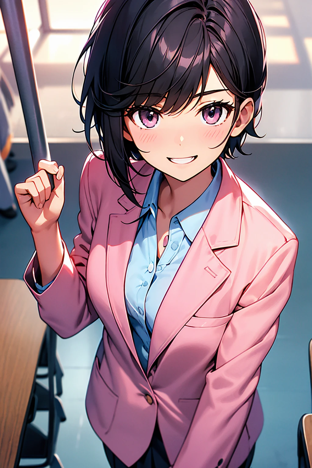 Wearing a pink blazer uniform、High school girl with boyish hairstyle、Black Hair、Open Mouth Smile、An empty classroom in a school at night、Dark Eyes