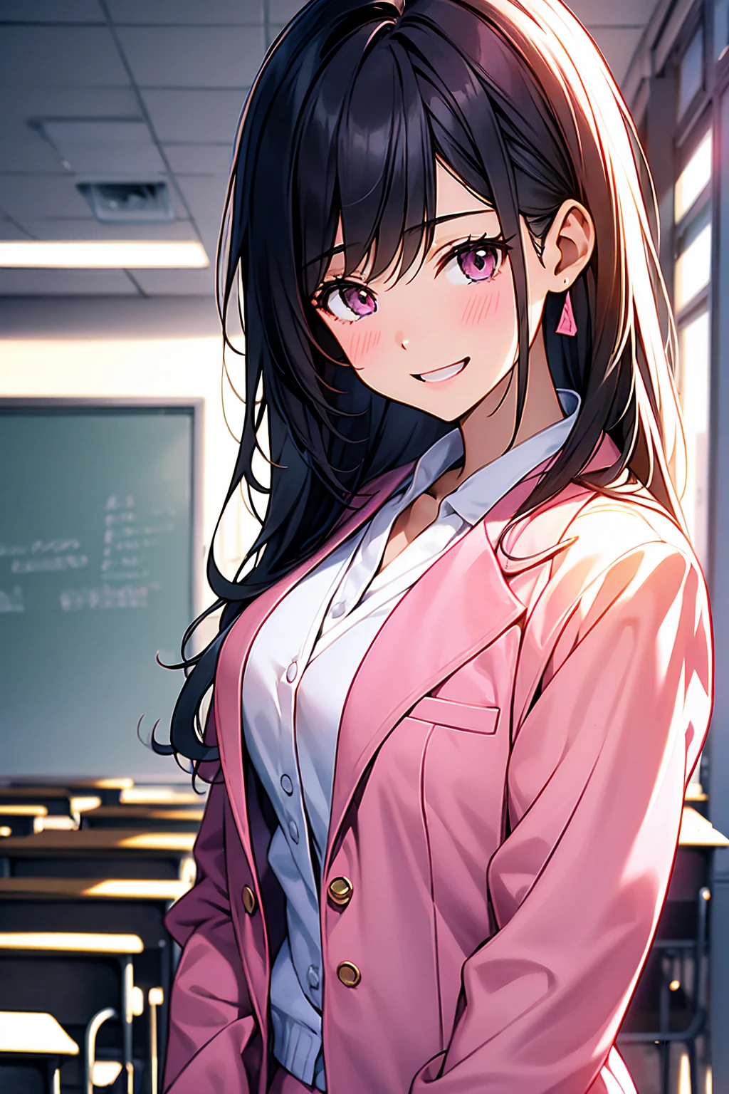 Wearing a pink blazer uniform、High school girl with boyish hairstyle、Black Hair、Open Mouth Smile、An empty classroom in a school at night、Dark Eyes