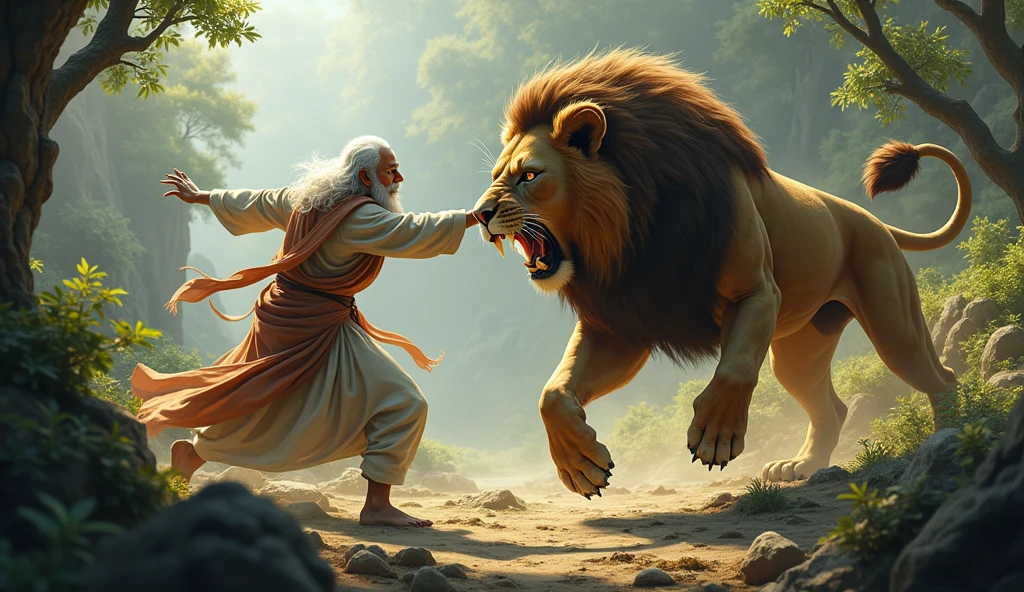 The Lion’s Attack**: The ferocious lion leaping towards the sage, claws extended, while Ashvak bravely positions himself between the lion and his master.