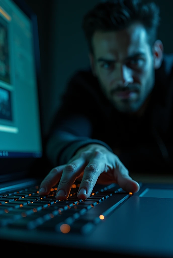 a man's finger touching a large computer keyboard, evil smile, dark background, POV from finger showing half of smiling evil face, detailed facial features, chiaroscuro lighting, photorealistic, 8k, ultra-detailed, cinematic, dramatic angles
