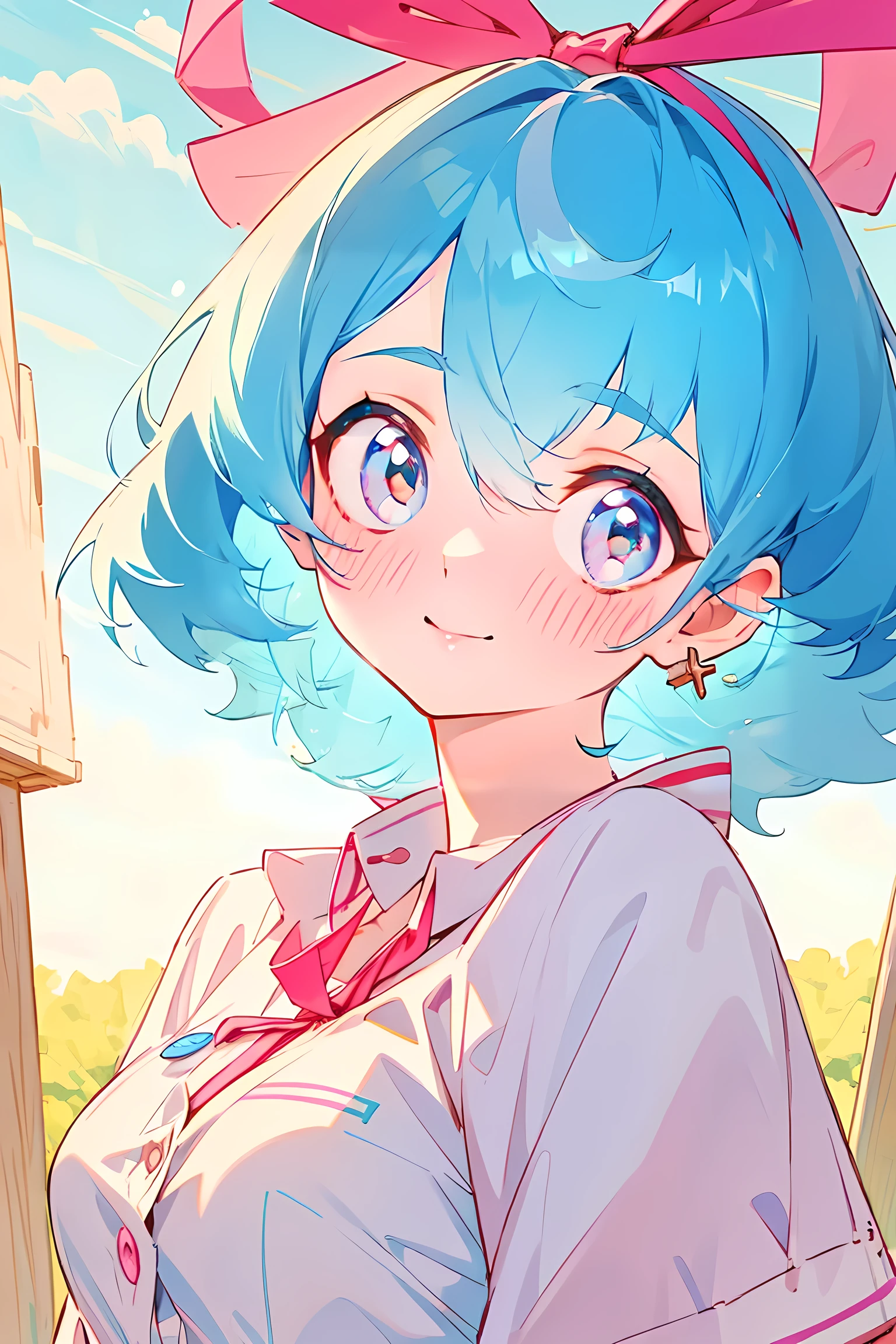 (detailed beautiful eyes and detailed face, masterpiece side light, masterpiece, best quality, detailed, High resolution illustrations), (1 girl, beautiful girl, Glowing skin), (Sky blue hair, Pink Eyes, skirt, Ribbon, Button-down shirts)(Kneeling on the ground)