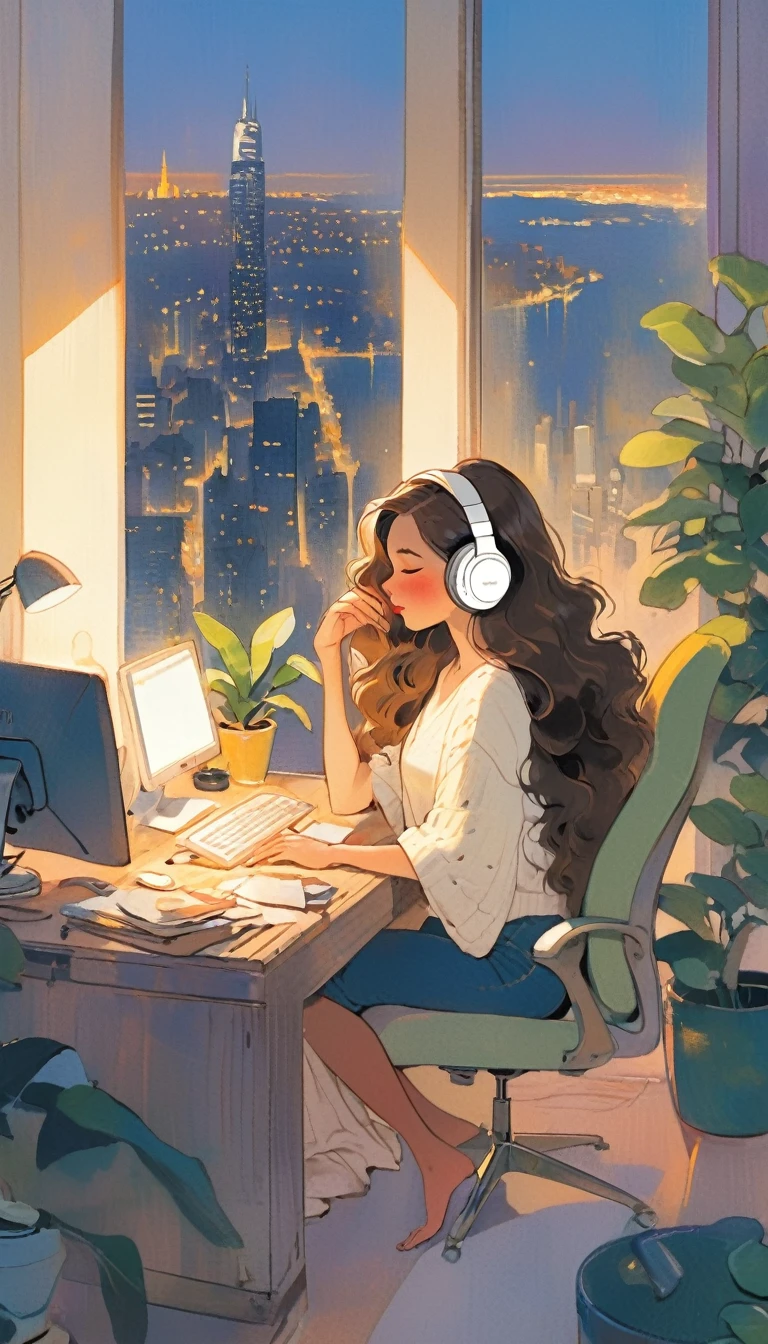 A young woman is sitting comfortably in a modern, cozy room with a cityscape visible through a large window at night. The main object of focus is the woman, who appears to be in her late teens or early twenties. She has long, wavy brown hair and is wearing a pair of large over-ear headphones. Her eyes are closed, and she has a serene, relaxed expression on her face as she listens to music. The woman is seated in a plush armchair, which is positioned to the right of a wooden desk. On the desk, there is a modern desktop computer, a ceramic coffee mug, and a small potted plant. A desk lamp with a warm, yellow glow is placed on the left side of the desk, casting a soft light over the scene. The light from the lamp is the primary light source, illuminating the woman and creating gentle shadows around her. In the background, the large window offers a stunning view of the city at night, with numerous skyscrapers and their illuminated windows creating a vibrant, urban atmosphere. The room itself is painted in neutral tones, with the walls adorned with minimalistic decor. The overall color scheme of the image features warm tones from the lamp and the cooler tones of the night cityscape, creating a balanced and visually appealing contrast. The perspective of the image is from a slight angle, allowing for a clear view of the woman, the desk, and the background cityscape. The size of the image is rectangular, with a wide aspect ratio that captures the breadth of the scene. The theme of the image is calm and relaxation, with an emphasis on the soothing environment and the woman's peaceful state.