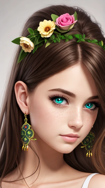 (watercolor: 1.2), Elf Princess, flower, freckle, Bangs, redhead, long hair, Green eyes, Hair between the eyes, flower earrings, Blurred background, High resolution  