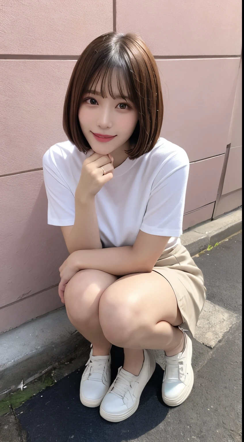 In detail,Full body photo、 smile、High resolution, high quality、Perfect dynamic composition, Beautiful details, blonde、Bobcut、Natural color lip,Kamimei、1 person、1 person、Beautiful Skin、White shirt、Red mini skirt、Thighs、Shiny Hair、最high quality, shape, Very detailed, In detail, High resolution, 8k、The correct state of the human body、Squat、Sculpture model pose,Pink Wall