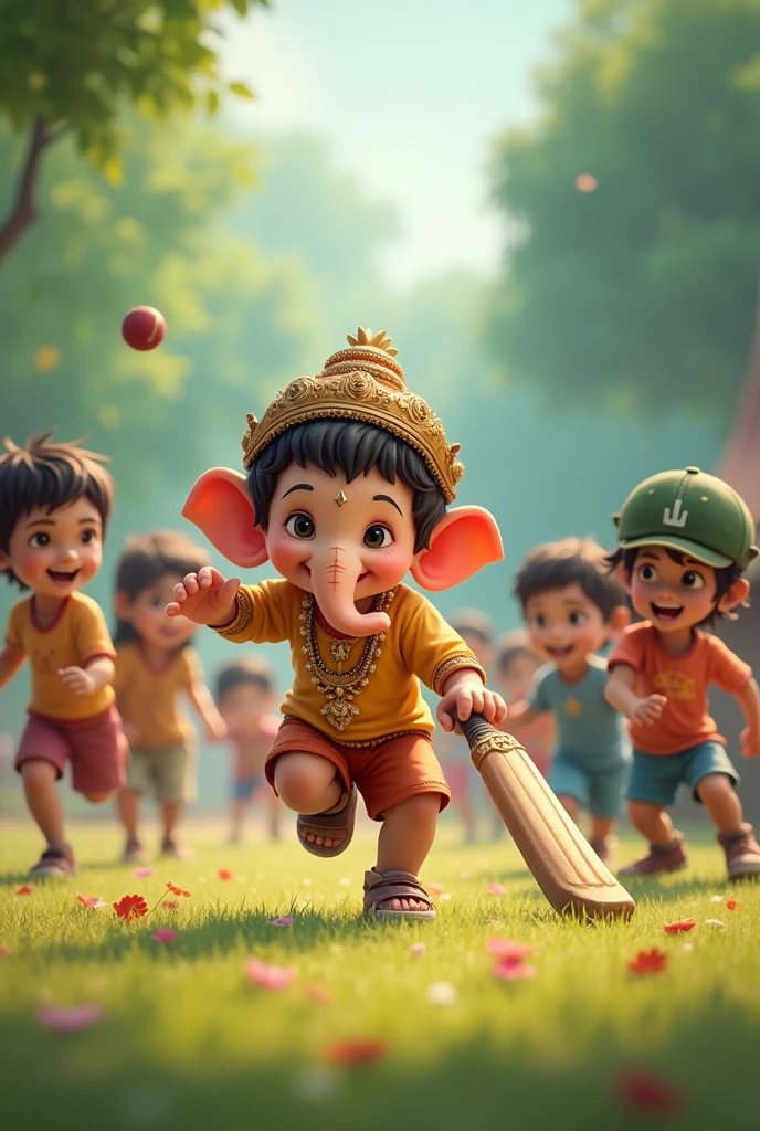  lord ganesha playing cricket with kids. 