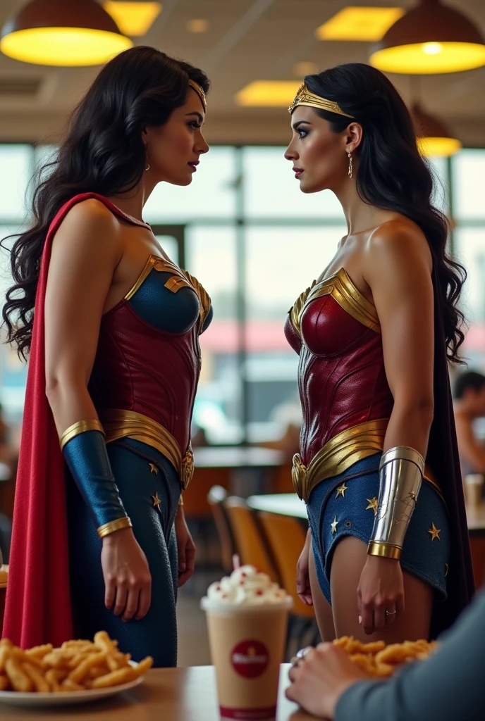 Superwoman and Wonder Woman meet face to face at McDonald&#39;s with fries、Real image of someone eating a Mac Shake。