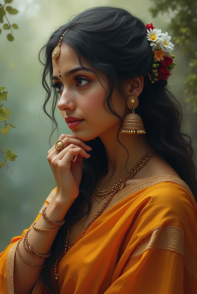 Radha thinking about of Krishna 
Jumka in ears 
