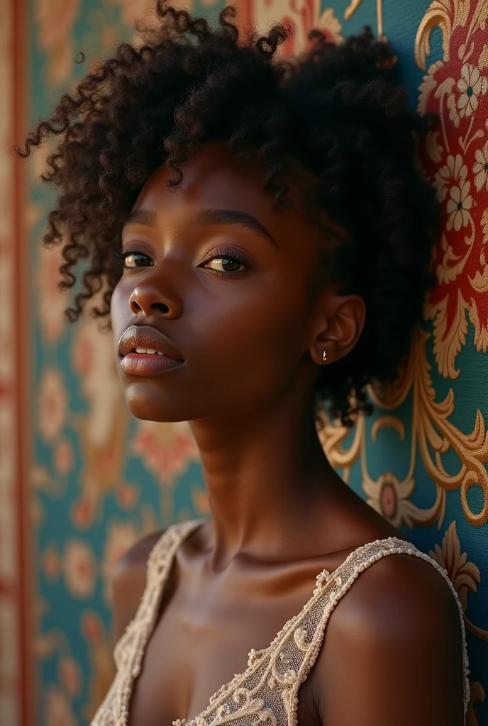 A brief moment of calm, beautiful black girl with cinnamon skintone, dark skin, neutral color lace clothing against the vibrant colors of a wall tapestry. Portrait shot with peach and cyan lighting , detailed intricate , in the style of James Jean and Thomas Kincaid , chiaroscuro, wabi sabi art style , obscura, beautiful, masterpiece, behance winning, oil painting, romanticism