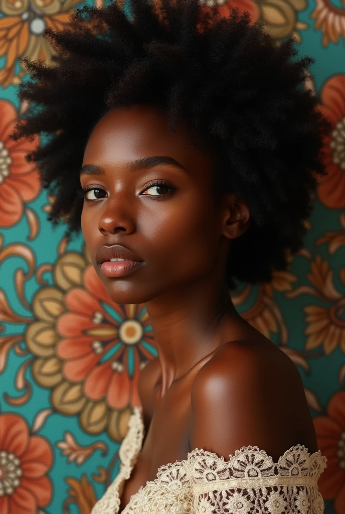 A brief moment of calm, beautiful black girl with cinnamon skintone, dark skin, neutral color lace clothing against the vibrant colors of a wall tapestry. Portrait shot with peach and cyan lighting , detailed intricate , in the style of James Jean and Thomas Kincaid , chiaroscuro, wabi sabi art style , obscura, beautiful, masterpiece, behance winning, oil painting, romanticism