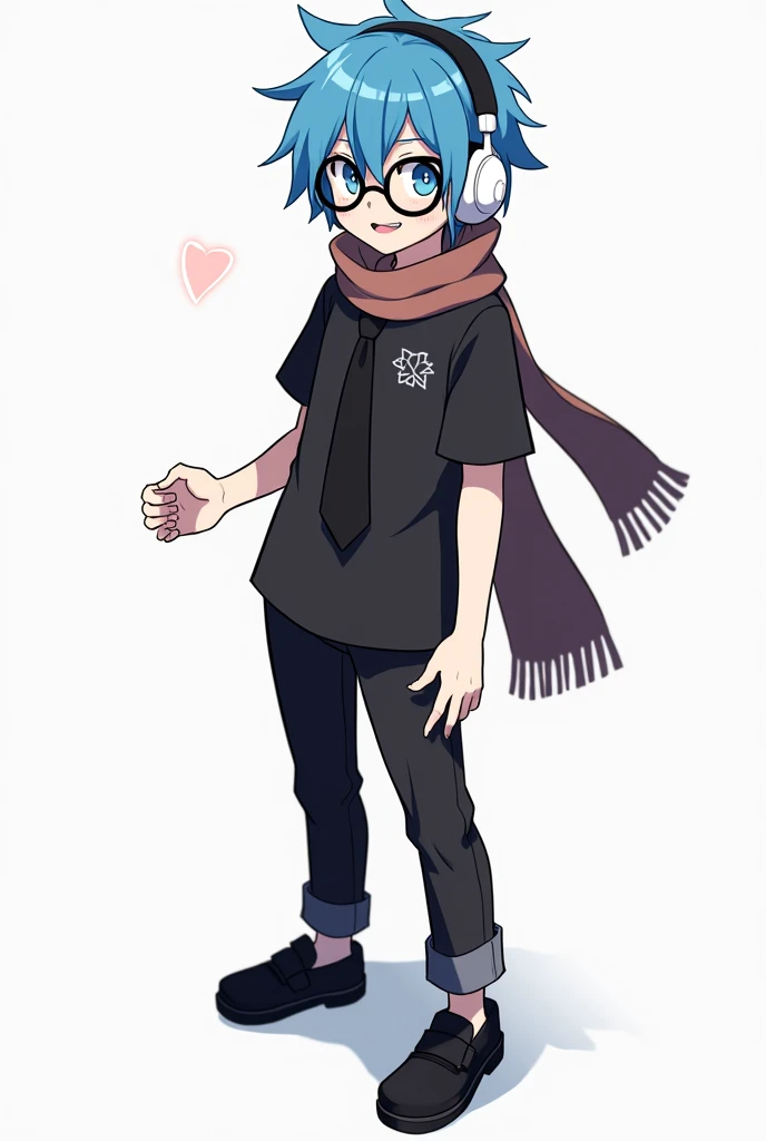 Blue hair,black tshirt in middle part 20% white,white big headphone,black shoes,black pant,anime,2,boy,blue eye,100 feet,black tie,clayn colour maflar,black circle eye glass