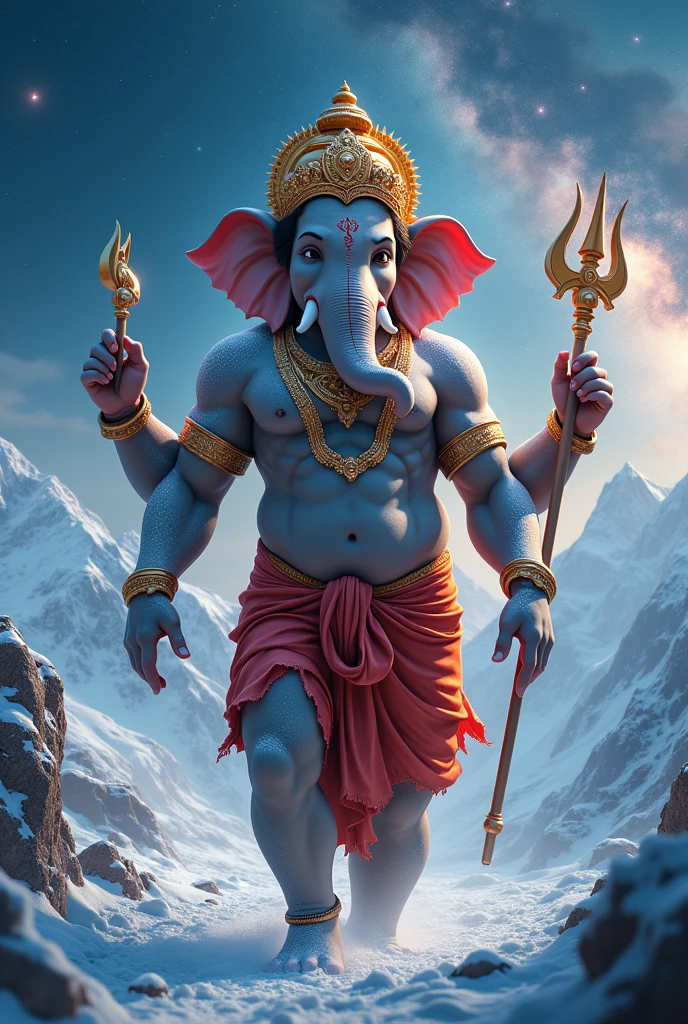 cinematic animated character art, shillouete of indian elephant headed Lord ganesh walking in Himalayas, red dhoti, strong arms, body covered in white ash, wearing detailed golden crown and armbands, multiple hands, divine glow in background, holding a trident, strong snow Blizzard , night sky, milkiway galaxy in background, darkness in atmosphere, colour graded, vibrant, 4khd, realism