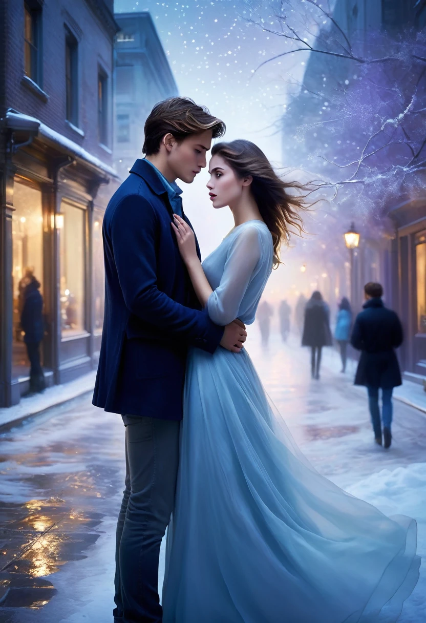 Create a softly blurred cityscape or an atmospheric apartment setting at twilight. Add subtle hints of ethereal light or mist to evoke a sense of mystery and romance. A disappearing young charming man with a playful look on his face, facing him is a young beautiful women looking at him with a mixed expression of confusion and frustration. The Young woman should be depicted in a contemporary outfit, looking both intrigued and exasperated. Position them to suggest their interaction, with the young woman looking at the Young man .Use a palette of cool blues, soft purples, and silvers to convey the supernatural theme. Add touches of warm gold or red to hint at romance and create visual interest. Incorporate subtle ghostly motifs, such as floating objects or faint, whimsical swirls around the Young Man to emphasize his ethereal nature. A touch of snow or twinkling lights could enhance the romantic and whimsical atmosphere. The overall mood should blend humor, romance, and a touch of mystery. Ensure the cover conveys the lighthearted yet intriguing nature of the story, drawing readers in with its promise of supernatural romance and comedic adventures.
