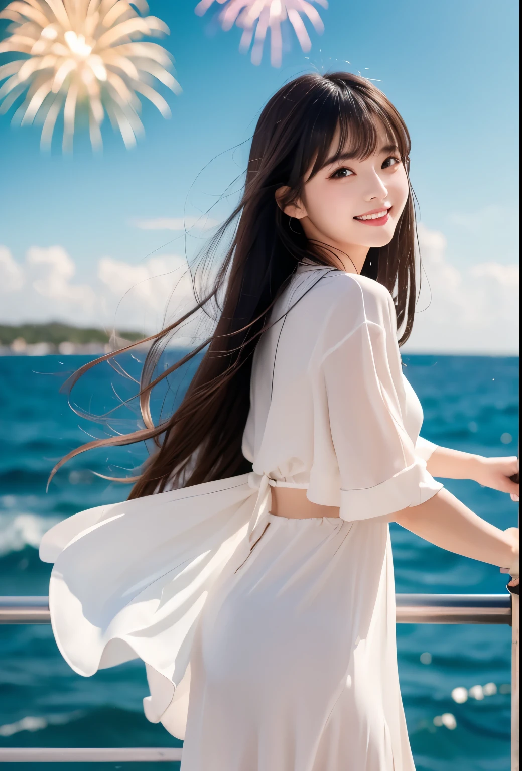masterpiece、Highest quality、whole body、One Girl、bangs、Japanese、Long Black Hair、Long Hair、Ocean、firework、smile、alone、Stylish woman、Pastel colored outfits、front、Luxury background elements、Confident expression、Modern and trendy、Fashion focuse