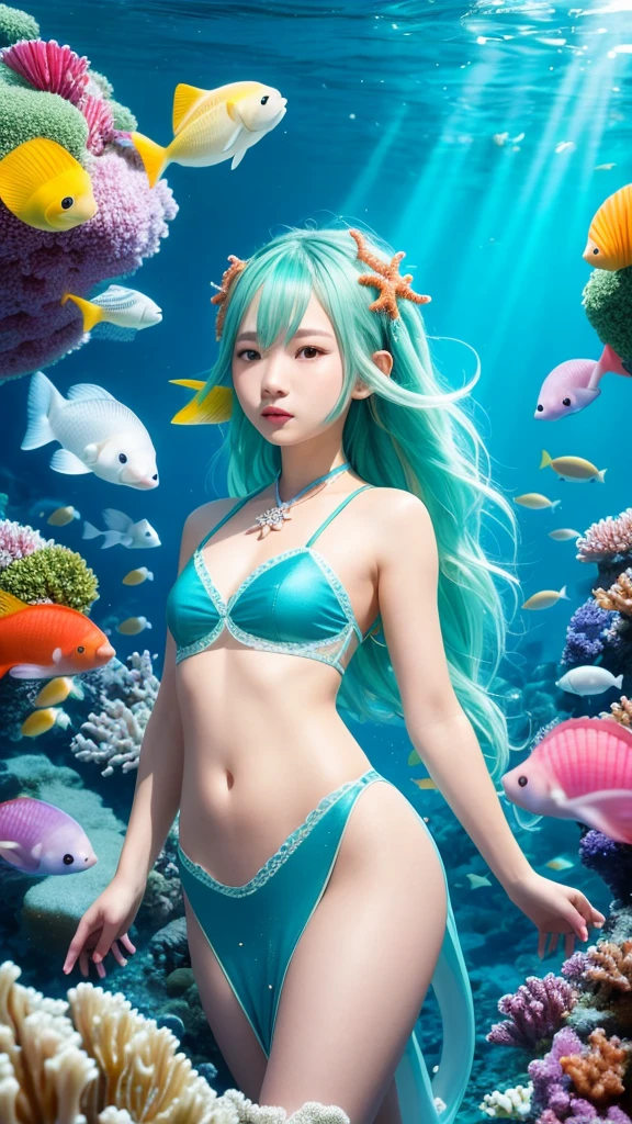  A sea elf-style VTuber character with long ears and blue-green hair.。Her hair is wavy and curly、Small shells and pearls are adorned here and there.。The outfit is designed to resemble the flow of light water.、A transparent cloth is wrapped around the shoulders and waist.。In the background、Transparent water bubbles and coral reefs spread out、Creates a fantastic atmosphere。