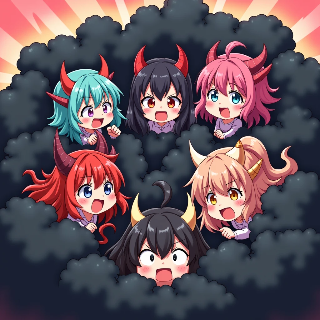 a group of demon girls playfully fighting in a comical black battle cloud, different hair and skin colors, only their faces, hands, and feet peeking out from the cloud, humorous and energetic brawl, fluffy and exaggerated battle cloud, anime style illustration