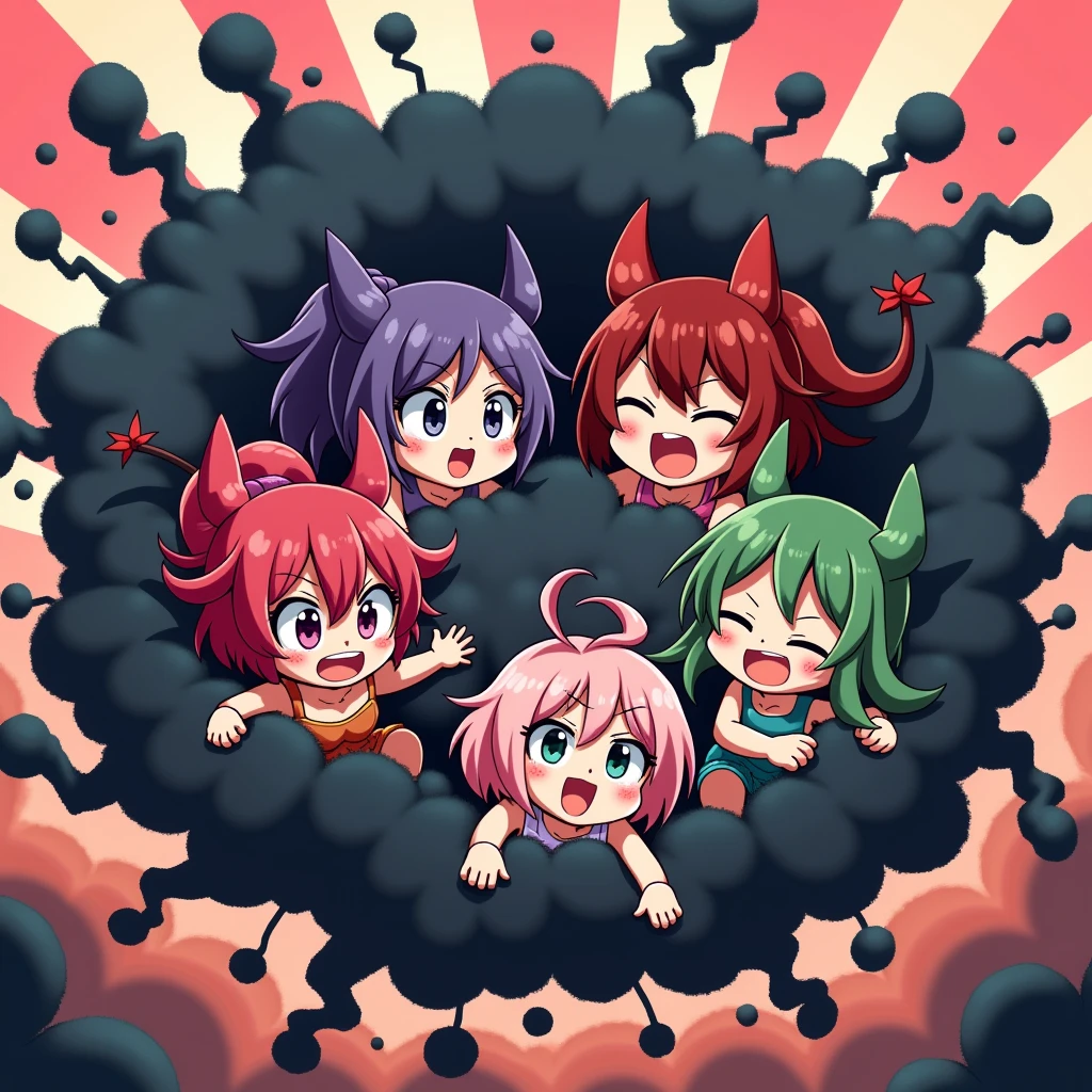 a group of demon girls playfully fighting in a comical black battle cloud, different hair and skin colors, only their faces, hands, and feet peeking out from the cloud, humorous and energetic brawl, fluffy and exaggerated battle cloud, anime style illustration