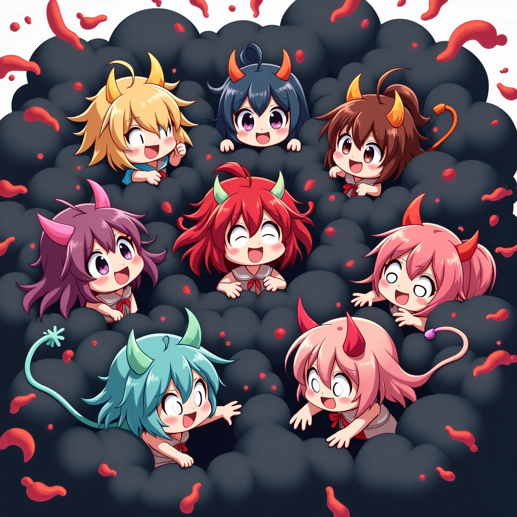 a group of demon girls playfully fighting in a comical black battle cloud, different hair and skin colors, only their faces, hands, and feet peeking out from the cloud, humorous and energetic brawl, fluffy and exaggerated battle cloud, anime style illustration