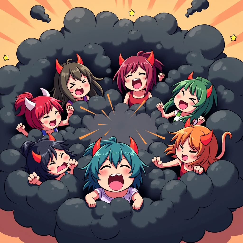 a group of demon girls playfully fighting in a comical black battle cloud, different hair and skin colors, only their faces, hands, and feet peeking out from the cloud, humorous and energetic brawl, fluffy and exaggerated battle cloud, anime style illustration