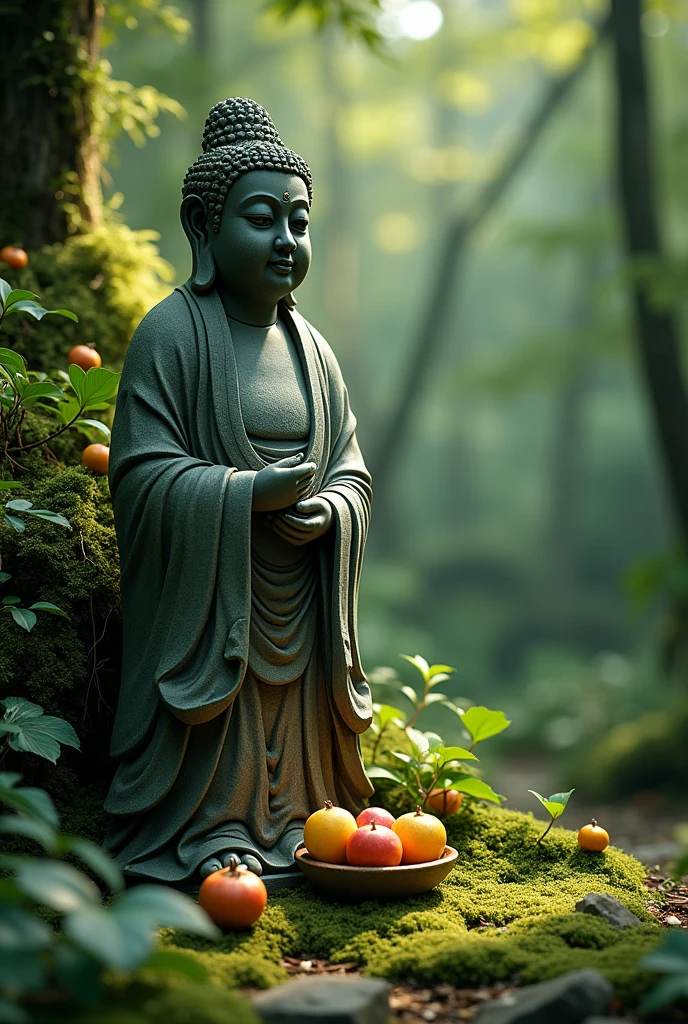 Jizo、Jizo statue standing in the forest、A little moss、Fruit offerings、