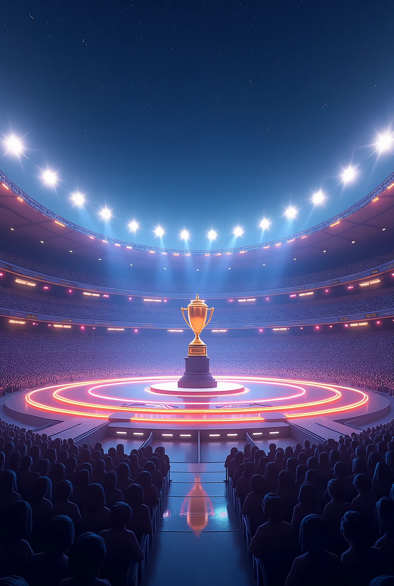 (The stage spans the entire length of the stadium.,Starry sky at night,The design includes a central circular stage. From this center stage, A podium was set up in the center of the stage,A huge golden trophy statue on the podium,Three narrow paths lead out, Each about 1 meter wide,6 meters long, Leading to three smaller circular main stages. These straight paths serve purely as connecting points between the central stage and the three smaller stages., Allowing performers to move between them easily. The overall layout emphasizes grandeur, Cohesive design, Spectators watching the game,The central stage and smaller stages are seamlessly connected by these sleek pathways., Providing a vibrant and futuristic performance space.