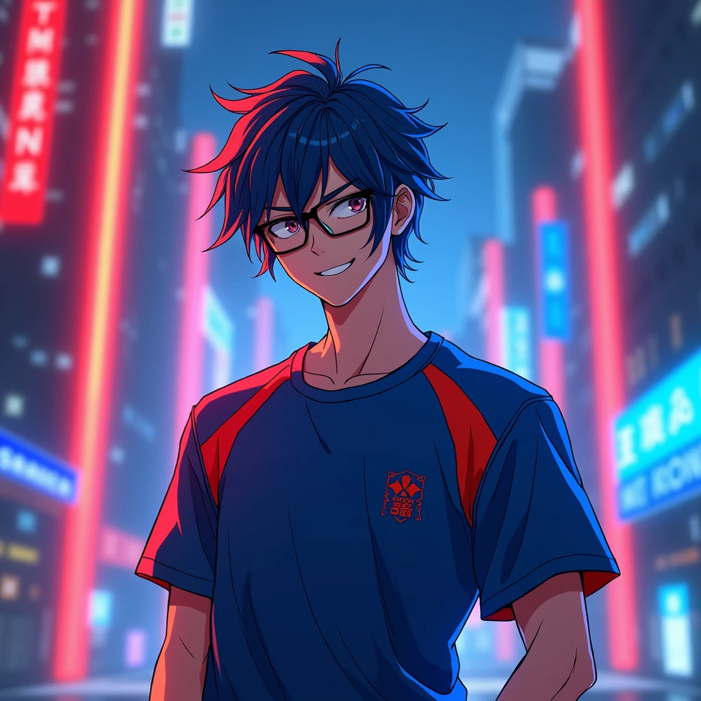 Create an anime-inspired male character that exudes a cool, modern vibe. He has striking blue hair, styled with fiery red streaks that add a touch of rebellious flair. He wears sleek, black glasses that convey intelligence and mystery, and his gaze is directed forward, capturing a confident and engaging presence. His outfit features a trendy gamer T-shirt, combining electric blue with bold red accents, complementing his dynamic personality.
The background should be a mesmerizing blend of neon red and blue hues, casting an ethereal glow around him. Imagine the setting as a futuristic cityscape, with neon lights reflecting off towering skyscrapers. The entire image should radiate a sense of energy and sophistication, capturing the essence of a vibrant and cutting-edge anime world.
His expression should include a slightly mischievous smile, emphasizing his cool demeanor. The neon elements should be integrated seamlessly, adding depth and dimension to the scene while enhancing the overall modern aesthetic.