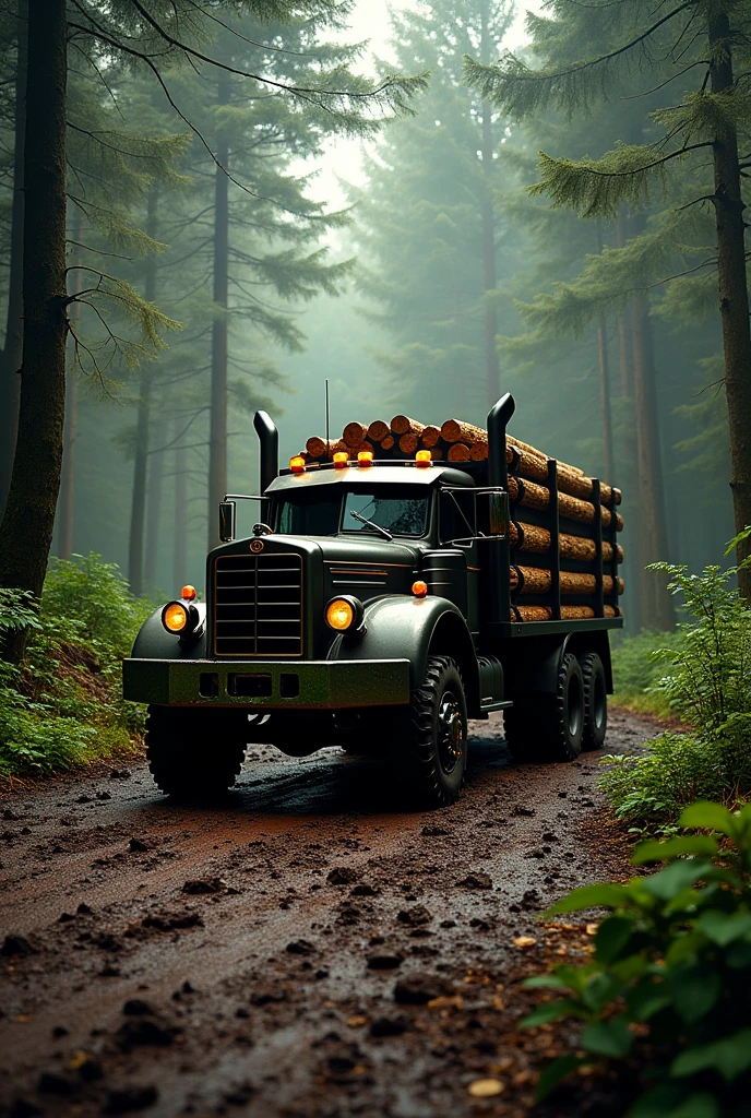 Wood carrying truck in the middle of muddy forest in a extra premium look backgorund with a dark and lightish shade.Instagram story Frame ratio. Add 24K in the down of the poster
