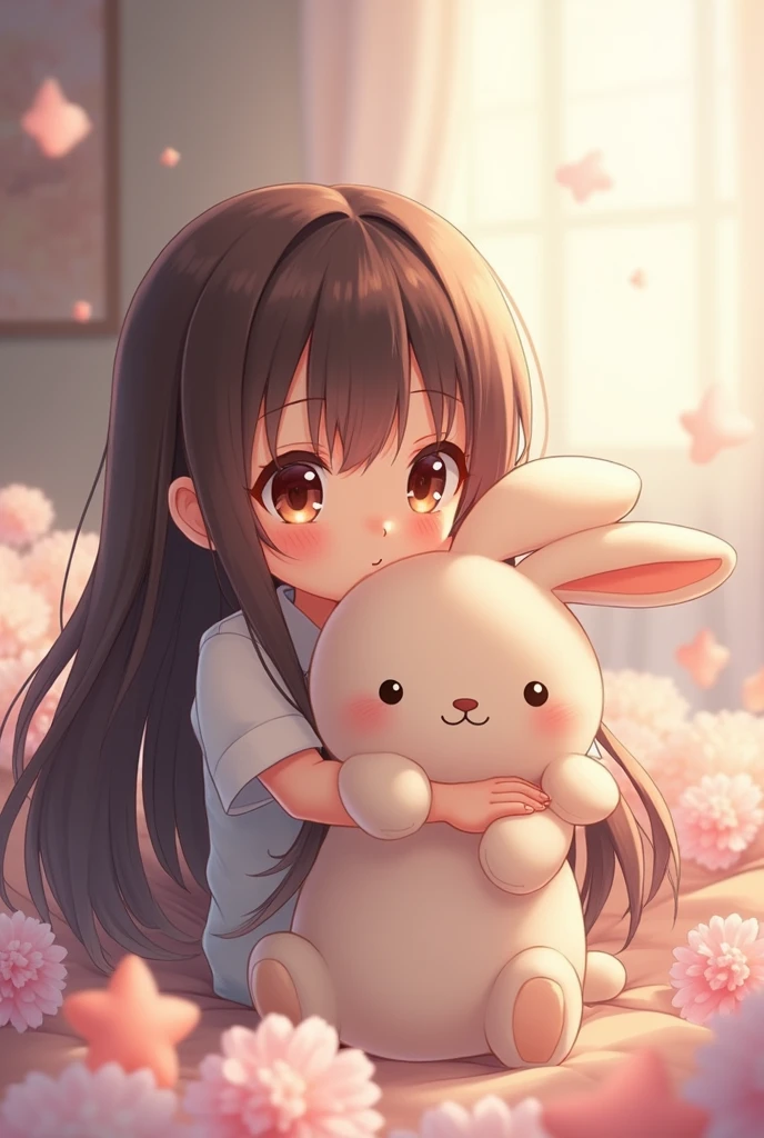 Generates an image of a long-haired anime-style girl hugging a stuffed rabbit