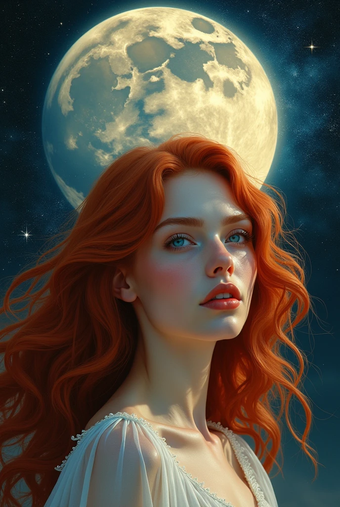 Masterpiece, Amazing redhead goddess, Starry night, detailed huge moon, moonlight filtering, Lights and shadows, Precise contrast, intense blue eyes, heavenly, clean skin, white skin, red lips, Radiosity, iridescent, Intricate, digital art, masterful illustration by Caravaggio