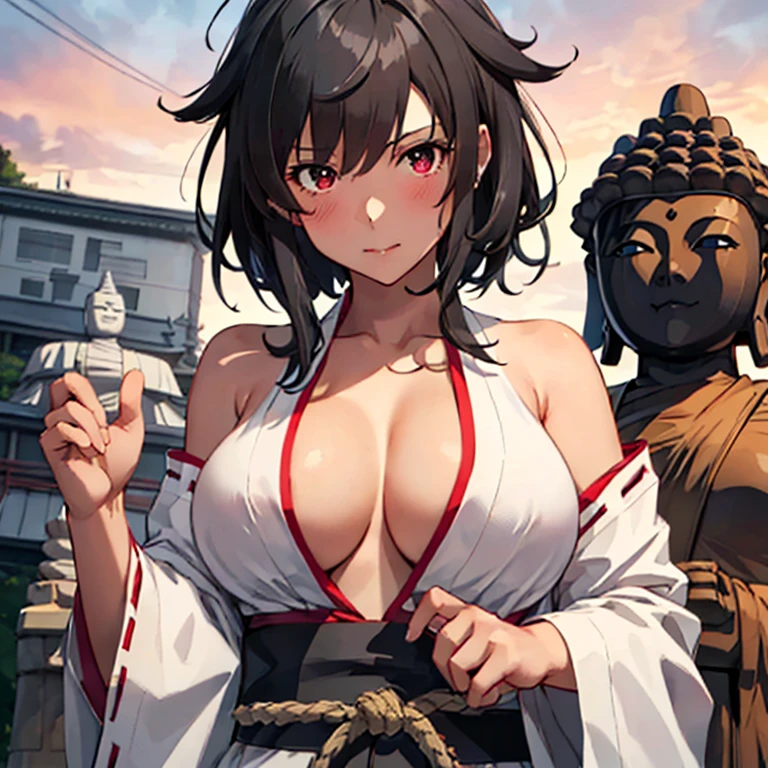 yamashiro_kantaicollectio,
black_hair, red_eyes, short_hair, hair_ornament, nontraditional_miko, breasts, blush, large_breasts,
(masterpiece:1.4),(best quality:1.4), (premium:1.4), (great illustration:1.4), (ultra-detailed:1.4),(art CG, 8K),1girl solo, KonishiCSA,(Buddha Statue:1.4),
