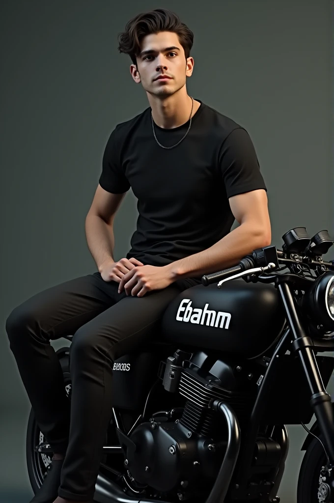 a young man sitting on a motorcycle with the words ebrahm written on it, inspired by Ibrahim Kodra, wearing black tshirt, by Ibrahim Kodra, wearing black modern clothes, abraham teerlink, emir, Ibrahim Kodra, inspired by Edward Ben Avram, black color, realistic photo studio photoshop, wearing a black tshirt, realistic 3 d style, black t-shirt, black t - shirt, black clothes, arham horror, wearing black clothes, he is wearing a black t-shirt, wearing a black t-shirt, behance 3d