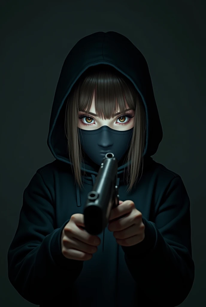 An image of a young teen female in a ski
Mask with a gun but she's in a dark room but it's visible to see on a picture being taken on her own phone and she's holding her phone and pointing the gun at it but shes in a pitch black room and she has brown eyes and a black hoodie on and her hair is middle parted