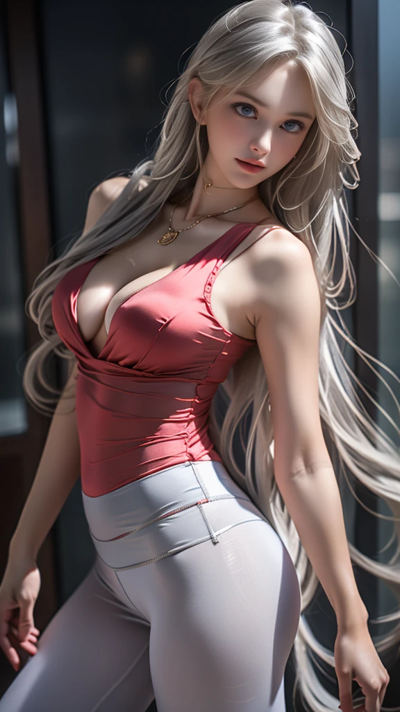 Slim Woman taking selfie, highly realistic, High resolution, 1 female, alone, Upper body, zero slim figure, beautiful eyes, Close your lips, detailed face, gray hair, long hair, red color silk shirt, translucent skin tight shirt (see through material), small cleavage, sports Leggings 