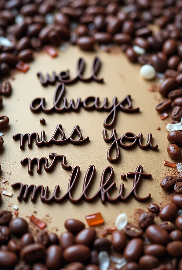 make writing from chocolate beans, cardboard, plastic and a red urine cover that says "we'll always miss you mr. Mulkit"