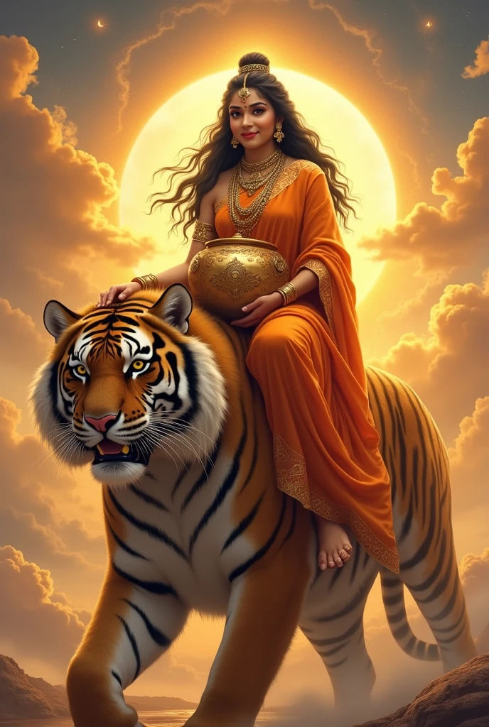 "Create an image of Goddess Kushmanda Devi, depicted in all her divine glory as she rides an enormous, majestic tigress. She should be dressed in a vibrant orange saree, symbolizing her connection to the sun and her role as the creator of the universe. The saree should be intricately embroidered with gold patterns and sacred symbols, highlighting her cosmic and regal presence. Her skin should radiate with a golden glow, reflecting her divine nature and warmth. Her face should be serene yet powerful, with large, compassionate eyes and a gentle, confident smile that exudes grace and strength, black beautiful wavy hair, extreme long flowing hair.

With both the hands, she is holding an extreme very large beautiful designed pot on her lap in her front.

The tigress she rides should be depicted as extremely large and powerful, with a fierce yet protective expression. The tigress's presence should convey strength, courage, and loyalty, perfectly complementing the goddess's commanding and nurturing nature.

The background should feature a celestial, vibrant landscape, perhaps with a warm, golden glow or the rays of a rising sun, symbolizing her role in energizing and creating the universe. The overall image should capture the essence of Goddess Kushmanda Devi’s creative power, divine authority, and nurturing warmth, presented in a highly realistic and detailed manner, with the enormous tigress emphasizing her strength and protective energy."